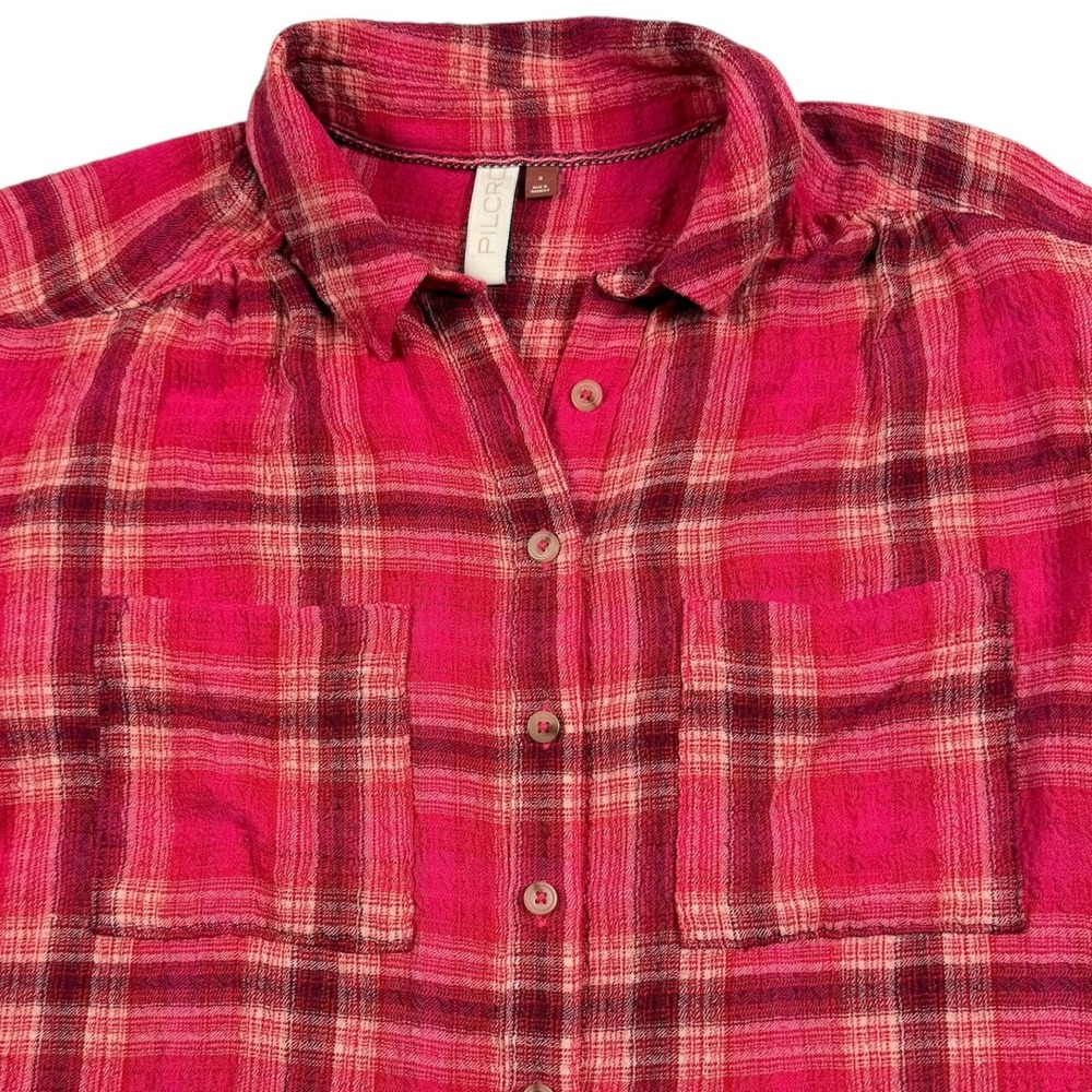 Pilcro Button Down Shirt Womens Small Pink Plaid Dual Pocket Anthropologie‎